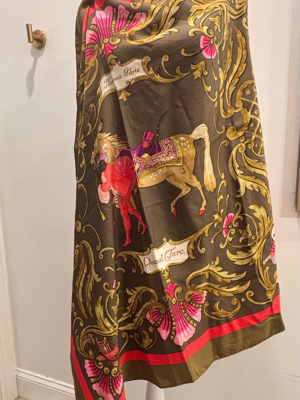 Classic Rare Hermes Olive Pink Silk Scarf w Gold Baroque Cheval Turc Design